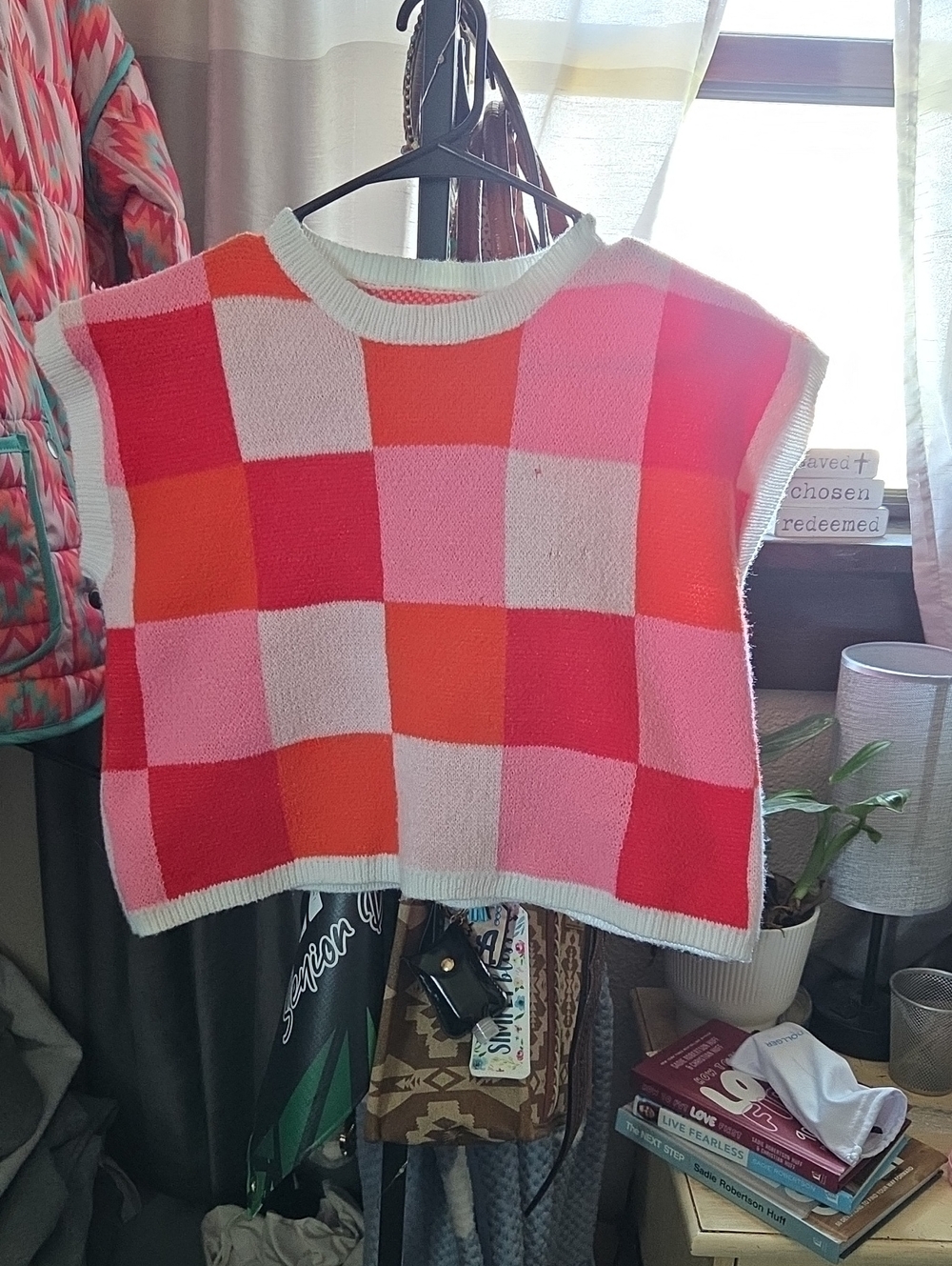 Checkerboard Knit Crop Top in Pink, Coral & White